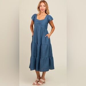 PinkBlush Blue Textured Sweetheart Puff Sleeve Tiered Midi Dress — Large NWT 💙